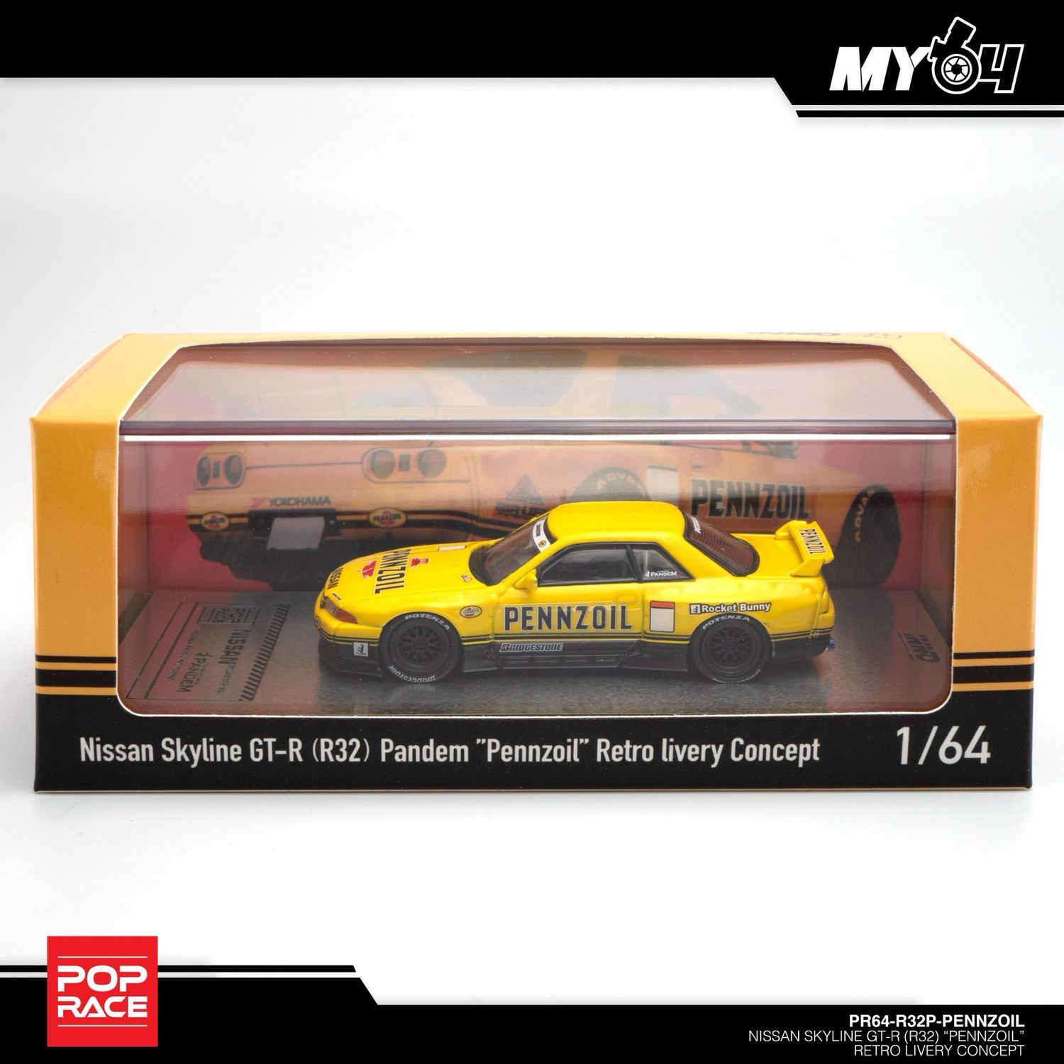POP RACE x INNO64 Nissan Skyline GT-R(R32) “Pennzoil” Retro Livery Concept Yellow (PR64-R32P-Pennzoil