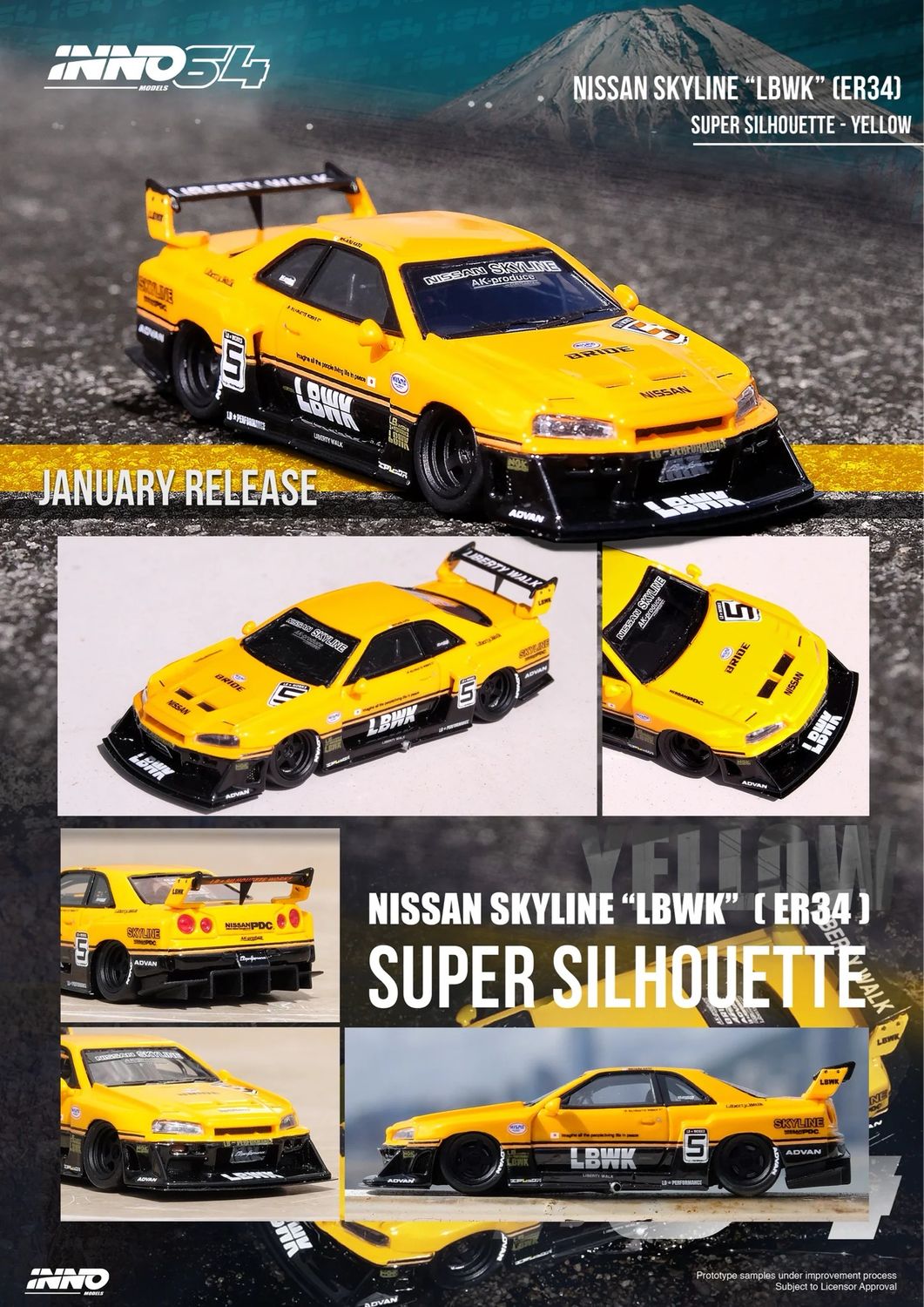 INNO64-R 1/64 Nissan Skyline “LBWK” (ER34) Super Silhouette Yellow Resin Model | Sealed