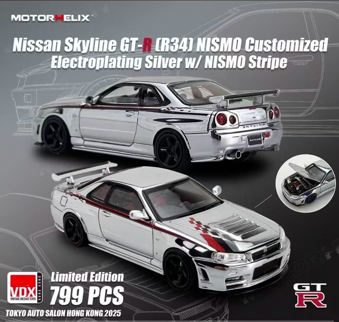 [PREORDER] Motorhelix Nissan Skyline GT-R (R34) NISMO Customized Electroplating Silver w/ NISMO Stripe | 2025 Tokyo Auto Salon Hong Kong