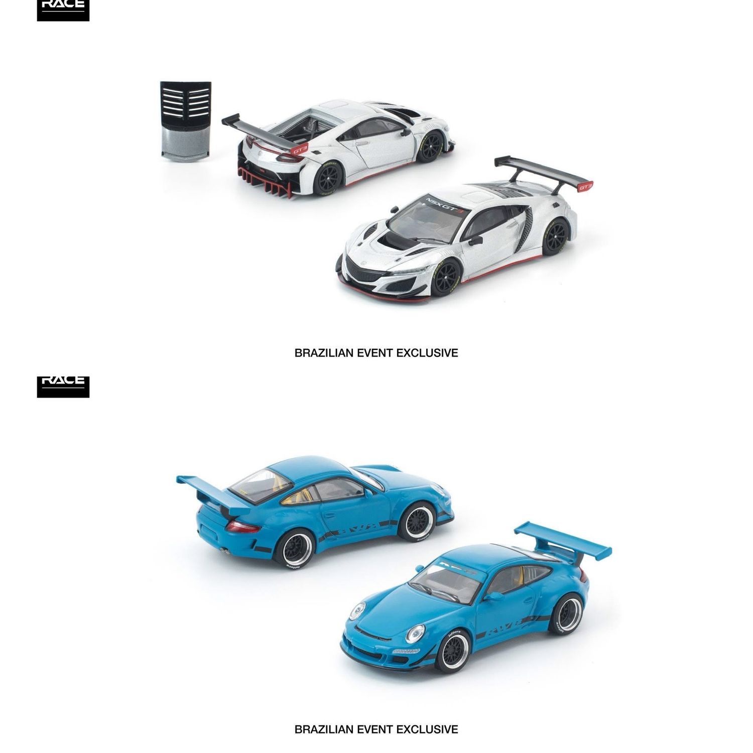 [PREORDER] POP RACE RWB 997 Blue (PR64-444) &amp; Honda NSX GT3 EVO22 (PR64-445) Bundle Set | 2025 Brazilian Event Exclusive
