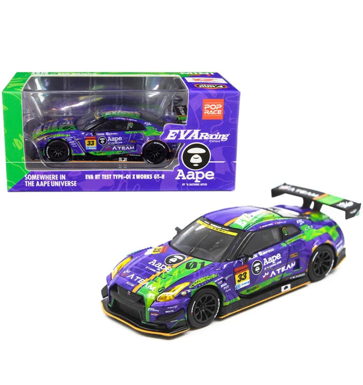 #90 MINI GT x POP RACE x Bathing Ape Nissan EVA RT Test Type-01 X Works GT-R #33 Super GT300 Series (2019)