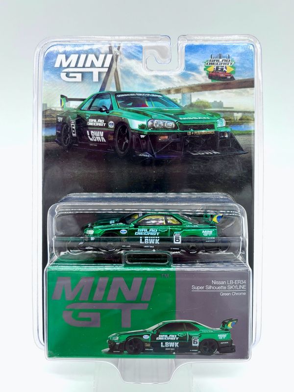 #1016 MINI GT Nissan LB-ER34 Super Silhouette Skyline Green Chrome | 2025 Salão Diecast Brazil