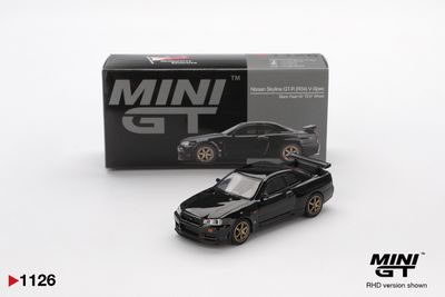 1126 MINI GT Nissan Skyline GT-R (R34) V-Spec Black Pearl W/ TE37