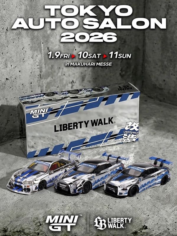 [PREORDER] MINI GT LB-Works Nissan GT-R Series Chrome Silver Blue Stripes | 2026 Tokyo Autosalon Japan