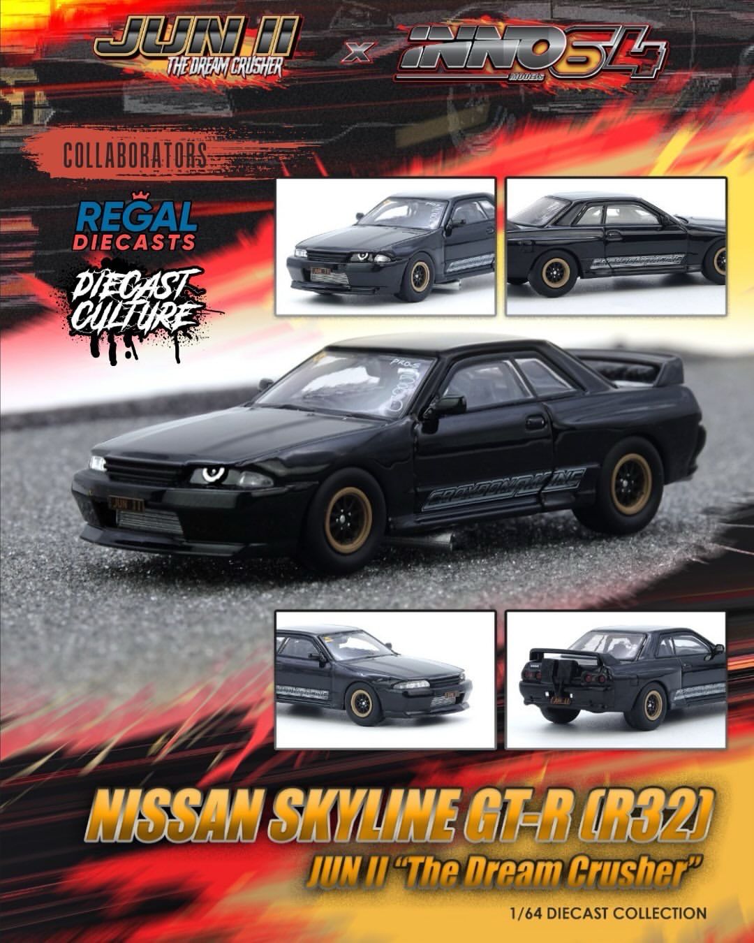 [PREORDER] INNO64 x Regal Diecast x Diecast Culture Nissan Skyline GT-R (R32) Jun II “The Dream Crusher” Black | Australia Collaboration Exclusive