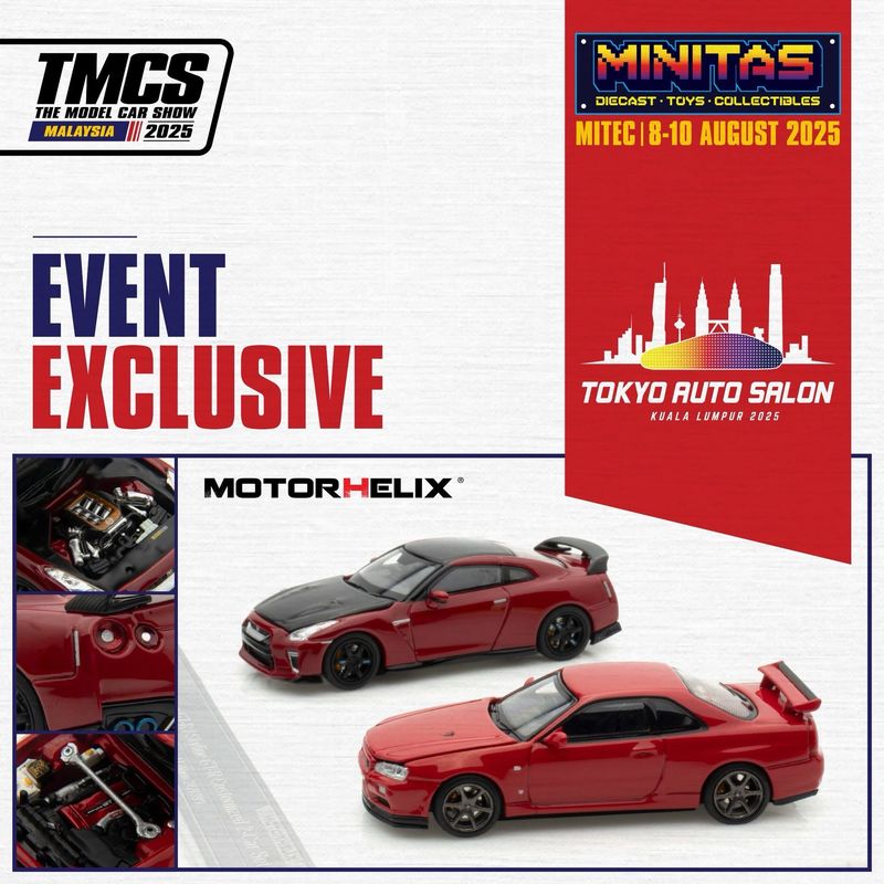 [UNSEALED] Motorhelix Nissan Skyline GT-R (R34)-V Spec II Active Red &amp; Nissan GT-R (R35) Customised Version Vibrant Red 2-Car Set | 2025 Tokyo Auto Salon TAS KL