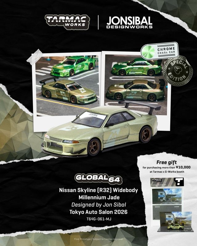 [PREORDER] Tarmac Works Nissan Skyline (R32) Widebody Millennium Jade | Chance of Chase | 2026 Tokyo Autosalon Japan
