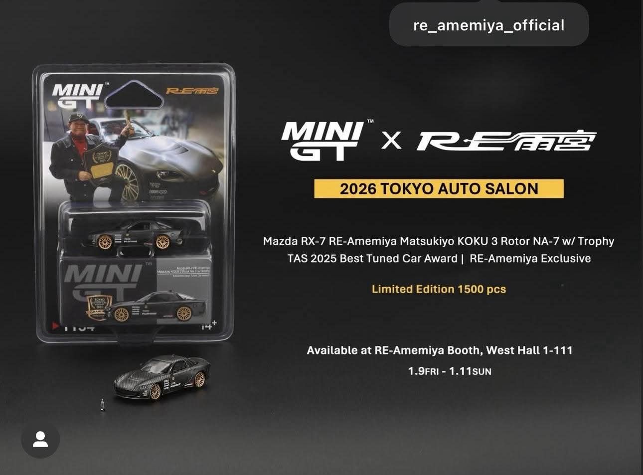 [PREORDER] #1154 MINI GT Mazda RX-7 RE-Amemiya Matsukiyo KOKU 3 Rotor NA-7 w/ Trophy TAS 2025 Best Tuned Car Award | RE-Amemiya Exclusive / 2026 Tokyo Autosalon Japan