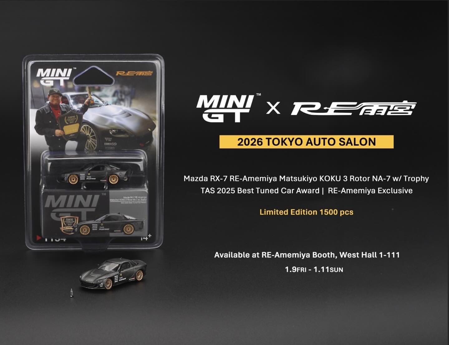 #1154 MINI GT Mazda RX-7 RE-Amemiya Matsukiyo KOKU 3 Rotor NA-7 w/ Trophy TAS 2025 Best Tuned Car Award | RE-Amemiya Exclusive / 2026 Tokyo Autosalon Japan