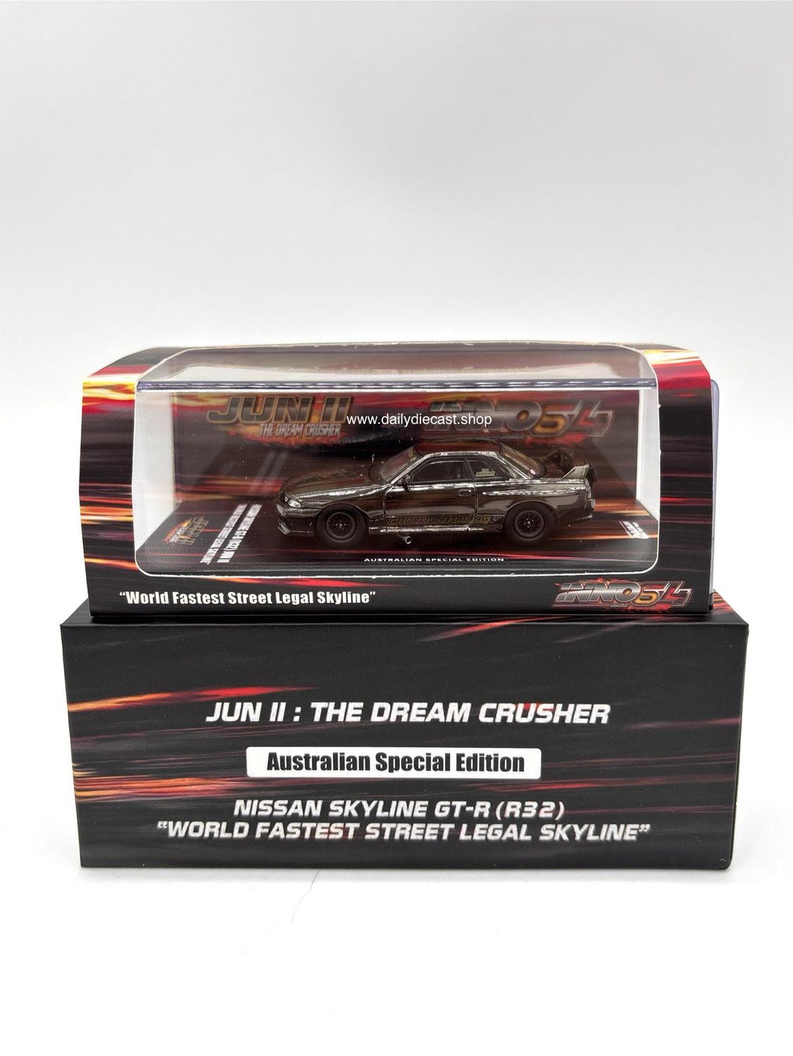 INNO64 x Regal Diecast x Diecast Culture Nissan Skyline GT-R (R32) Jun II “The Dream Crusher” Black Chrome Chase | Australia Collaboration Exclusive INNO64 x Regal Diecast x Diecast Culture Nissan Skyline GT-R (R32) Jun II “The Dream Crusher” Black Chrome Chase | Australia Collaboration Exclusive