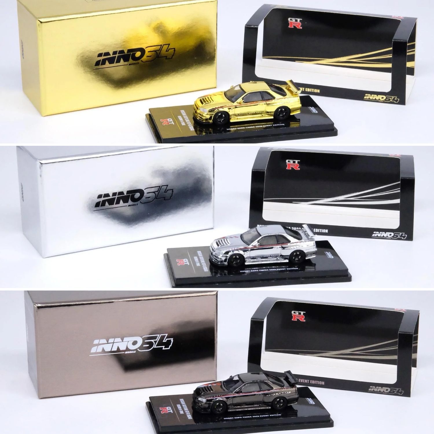 INNO64 Nissan Skyline GT-R R34 Nismo R-Tune Chrome Collection Set of 3 | 2023 Hobby Expo China (HEC)