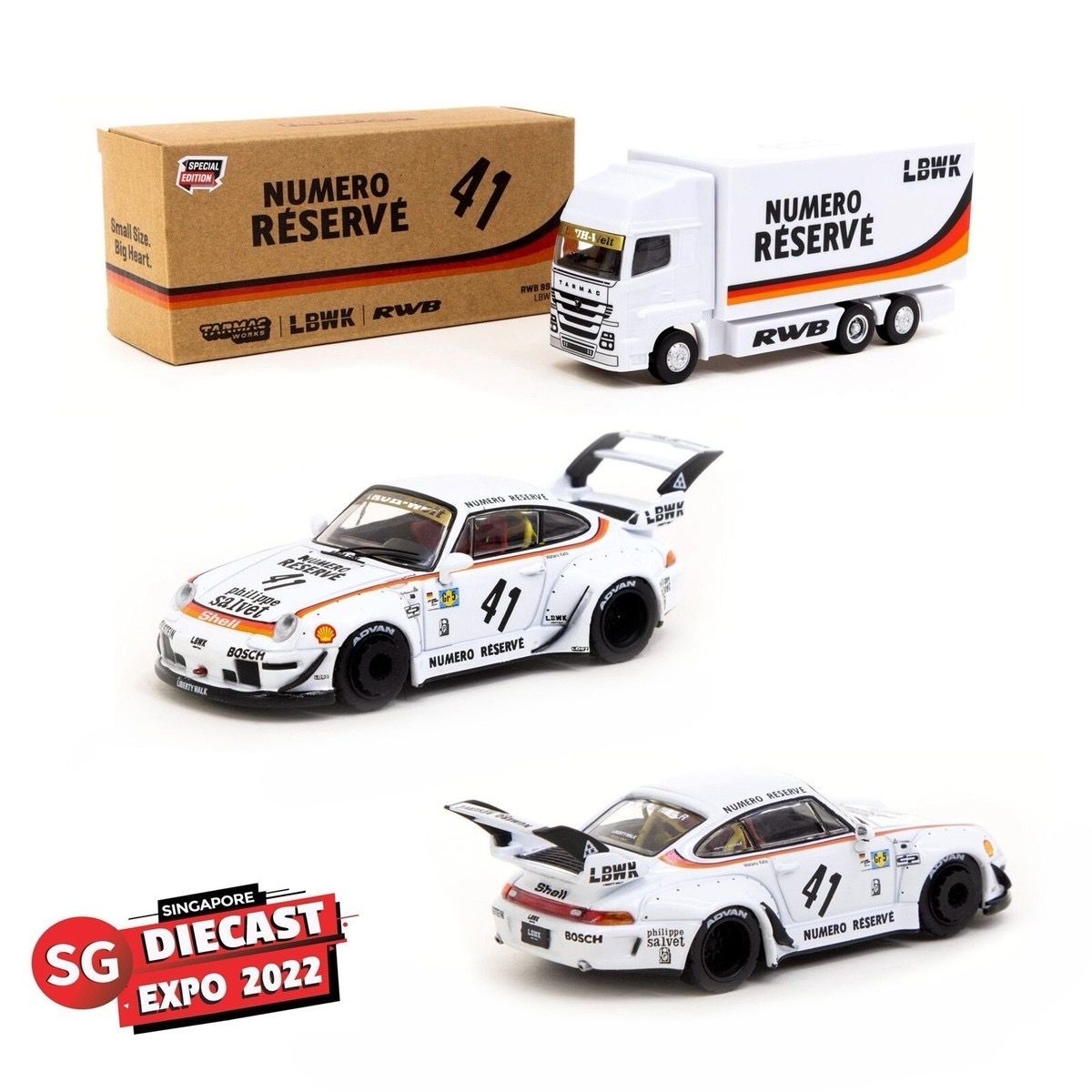 Tarmac Works #41 Porsche 993 RWB LBWK Numero Reserve &amp; Transporter Truck White | 2022 Singapore Diecast Expo (SGDE)