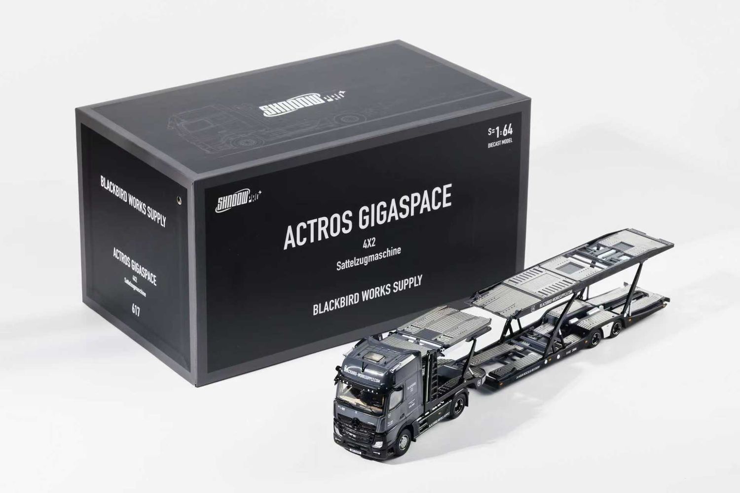 [PREORDER] Shadow Pro 1/64 Actros Gigaspace Black Bird Works Supply Diecast Truck