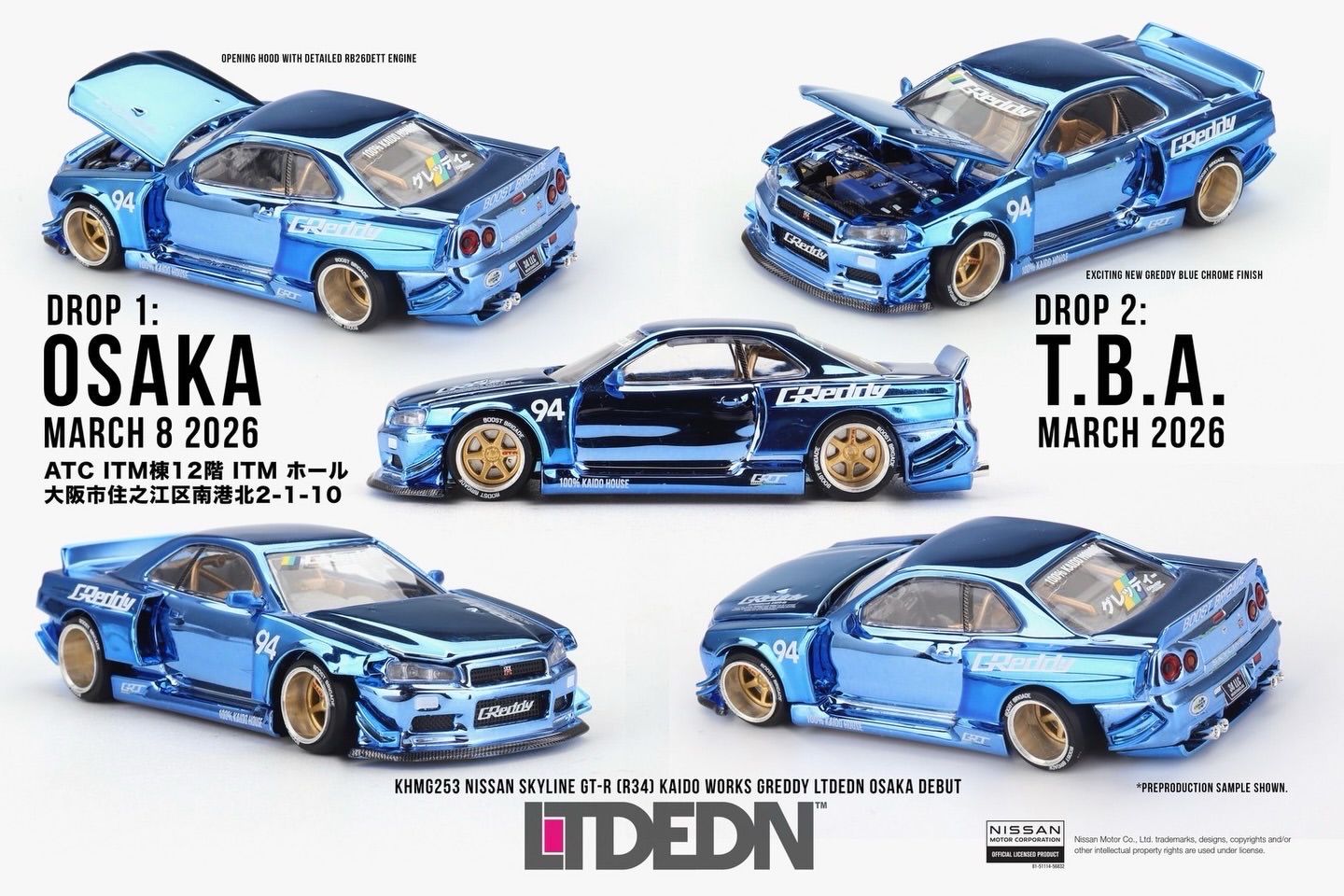 [PREORDER] KAIDOHOUSE NISSAN SKYLINE GT-R (R34) KAIDO WORKS GREDDY Chrome Blue LTD EDN OSAKA DEBUT (KHMG253)