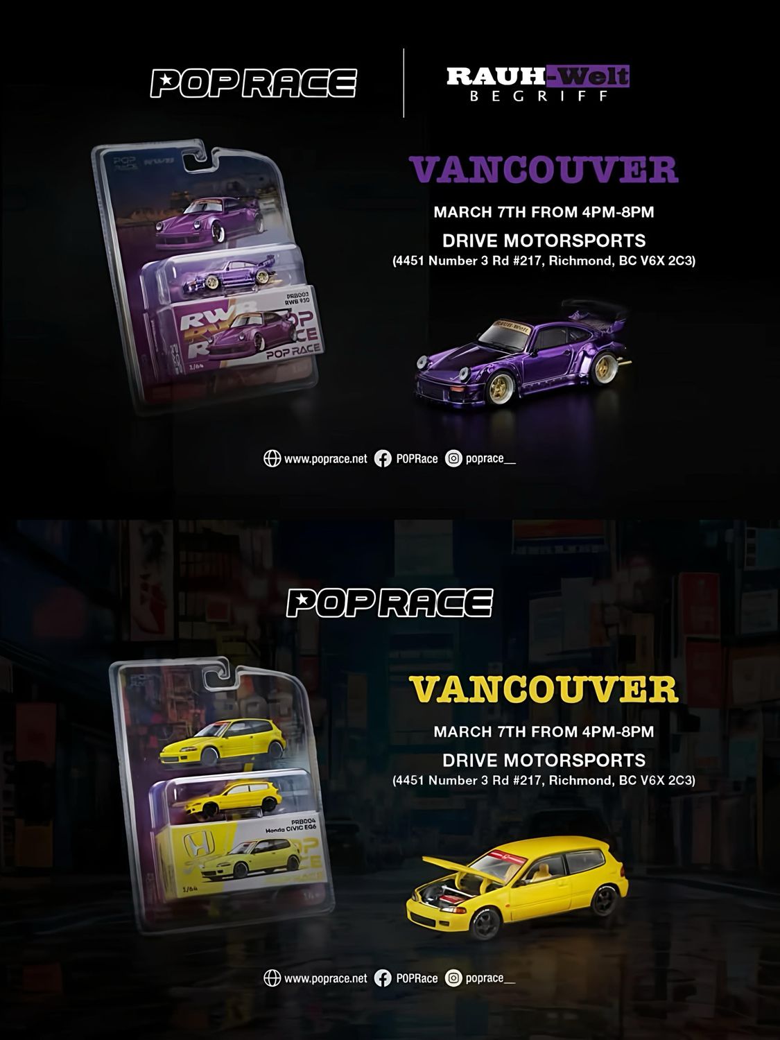 [PREORDER] POP RACE Honda Civic EG6 Yellow Event Exclusive (PRB004) &amp; POP RACE RWB 930 Purple Chrome Event Exclusive (PRB003) Set of 2 | Vancouver Drive Motorsports