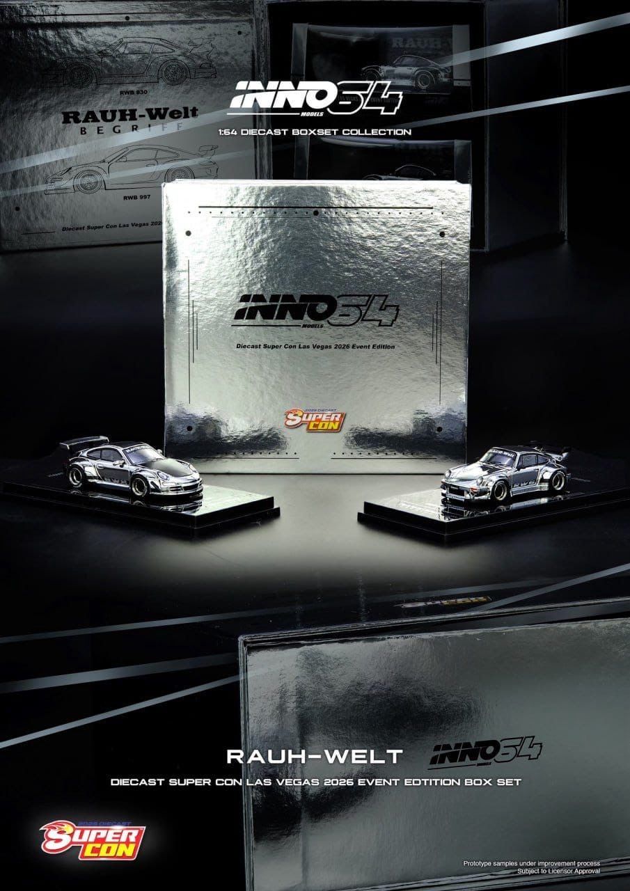 [PREORDER] INNO64 RWB 930 &amp; 997 Chrome Silver Box Set | 2026 Las Vegas Diecast Supercon