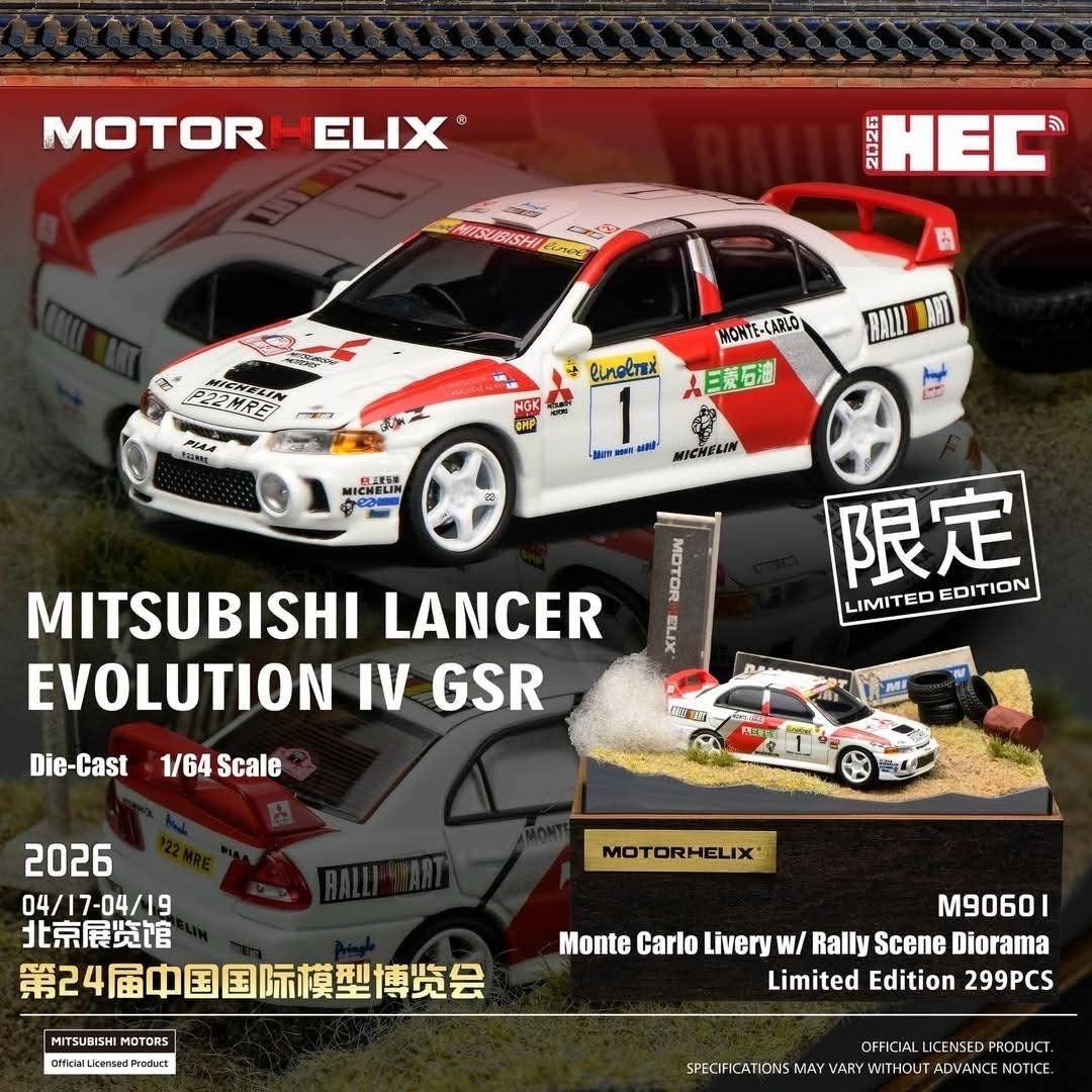 [PREORDER] Motorhelix Mitsubishi Lancer Evolution IV GSR Monte Carlo Livery w/ Rally Scene Diorama | 2026 Hobby Expo China