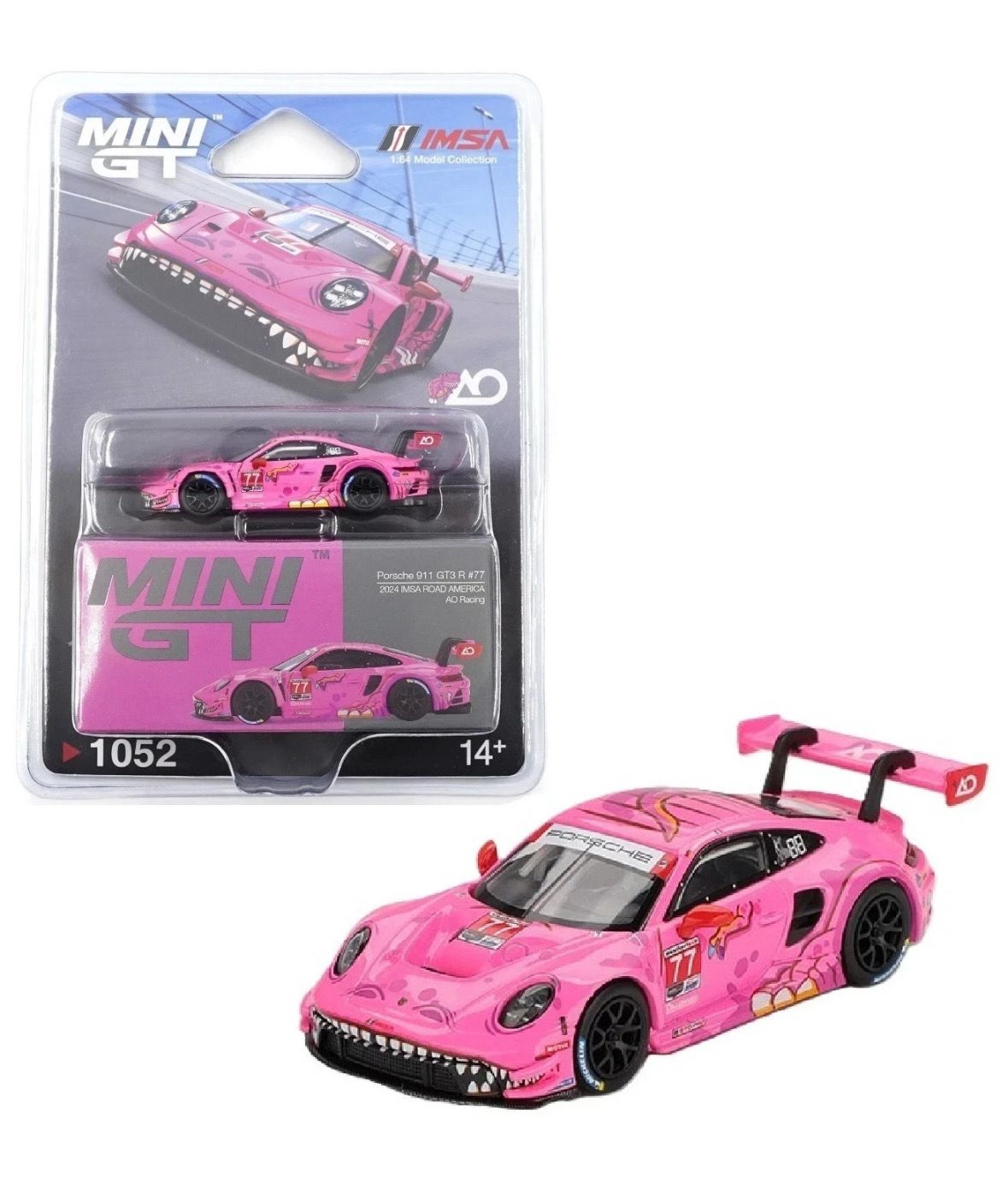 [PREORDER] #1052 MINI GT x AO Racing x IMSA Porsche 911 GT3 R #77 2024 IMSA Road America Blister