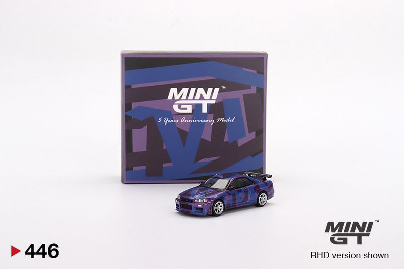 #446 MINI GT Nissan Skyline GT-R (R34) V-Spec II Digital Camouflage Purple