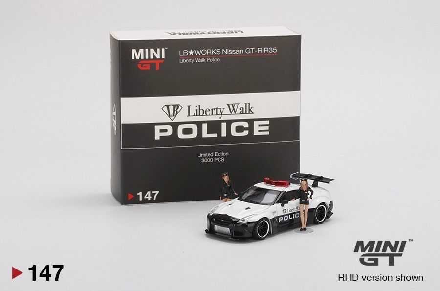 [UNSEALED] #147 MINI GT LB★WORKS Nissan GT-R R35 Liberty Walk Police (including 2 Figurines)