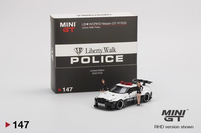 [UNSEALED] #147 MINI GT LB★WORKS Nissan GT-R R35 Liberty Walk Police (including 2 Figurines)
