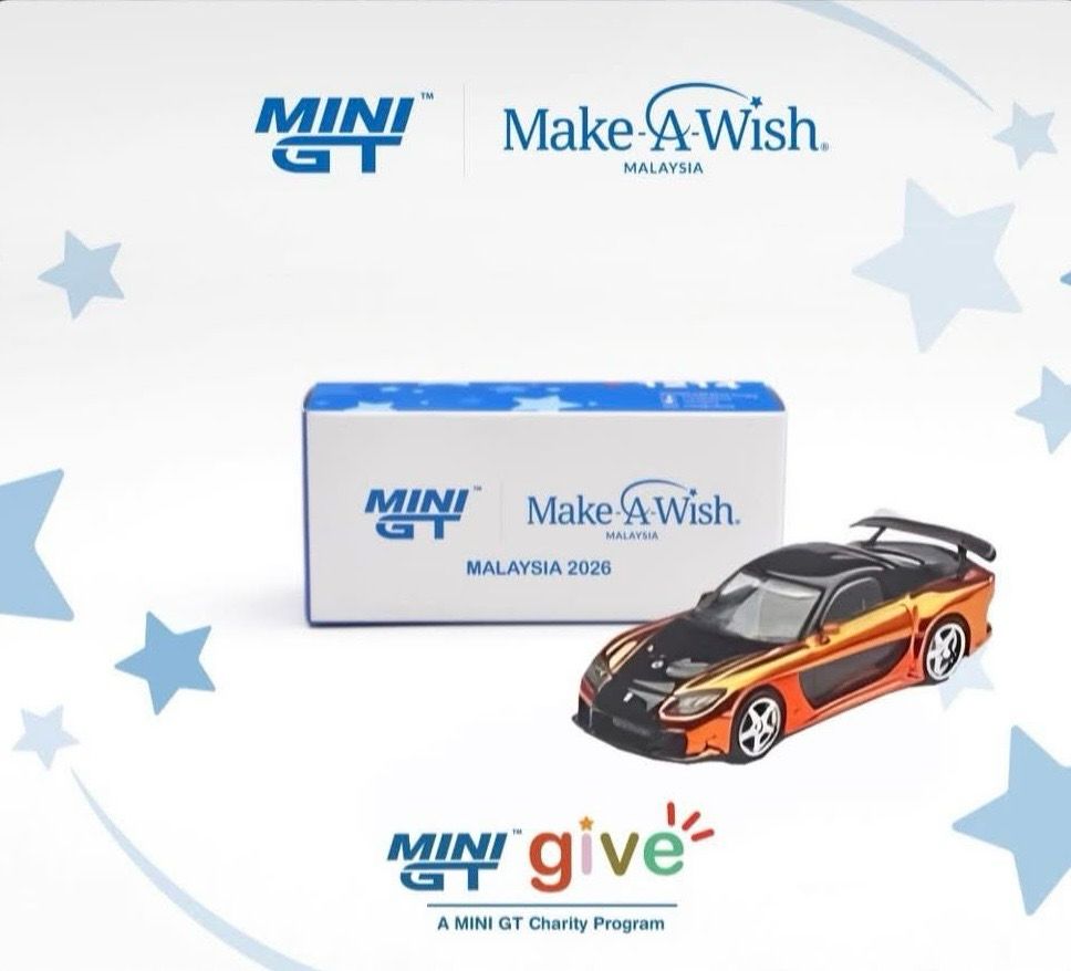 [PREORDER] #1214-R MINI GT GIVE x Make a Wish Mazda RX-7 VeilSide Fortune Orange Chrome | 2026 Malaysia Diecast Expo