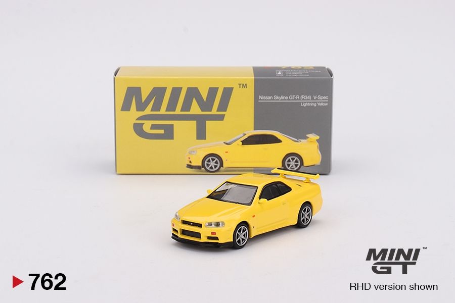 #762 MINI GT Nissan Skyline GT-R (R34) V-Spec Lightning Yellow #762 MINI GT Nissan Skyline GT-R (R34) V-Spec Lightning Yellow