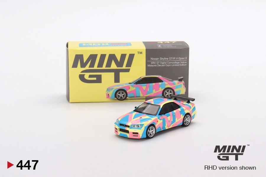 #447 MINI GT Nissan Skyline GT-R (R34)V-Spec ll MINI GT Digital Camouflage Yellow MDX 2022 Event Special Malaysia Diecast Expo