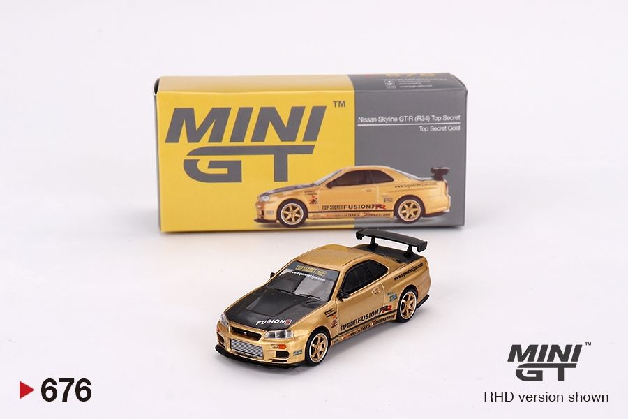 #676 MINI GT Nissan Skyline GT-R (R34) Top Secret Gold