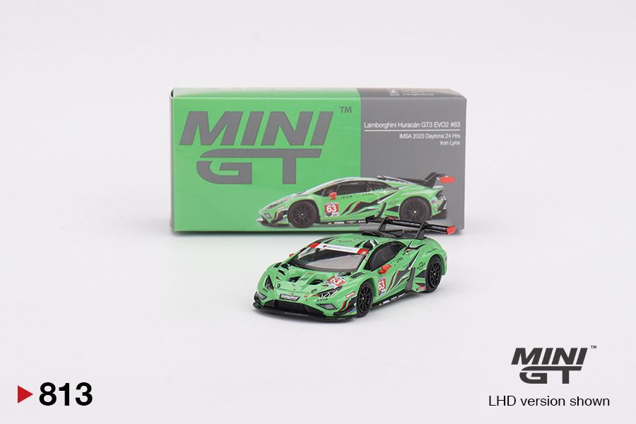 #813 MINI GT Lamborghini Huracán GT3 EVO2 #63 Iron Lynx IMSA 2023 Daytona 24 Hrs Green #813 MINI GT Lamborghini Huracán GT3 EVO2 #63 Iron Lynx IMSA 2023 Daytona 24 Hrs Green