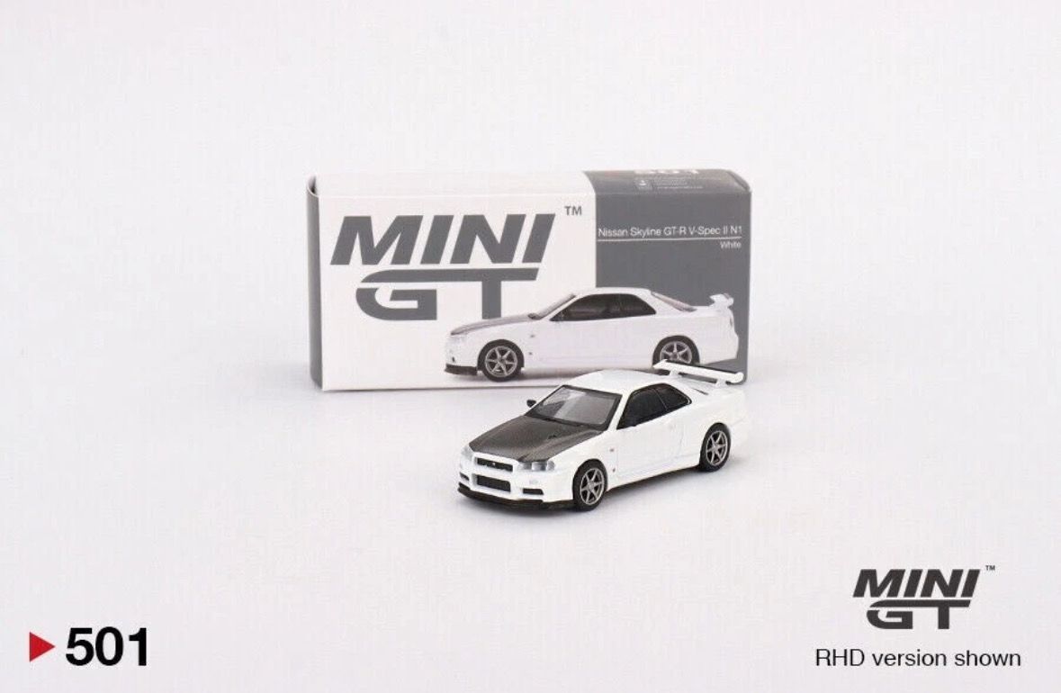 #501 MINI GT Nissan Skyline GT-R (R34) V-Spec II N1 White