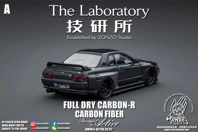 Zonzo The Laboratory 1/64 Resin Garage Active Full Dry Carbon-R Carbon Fibre Nissan Skyline GT-R (R32) Widebody with Figurine