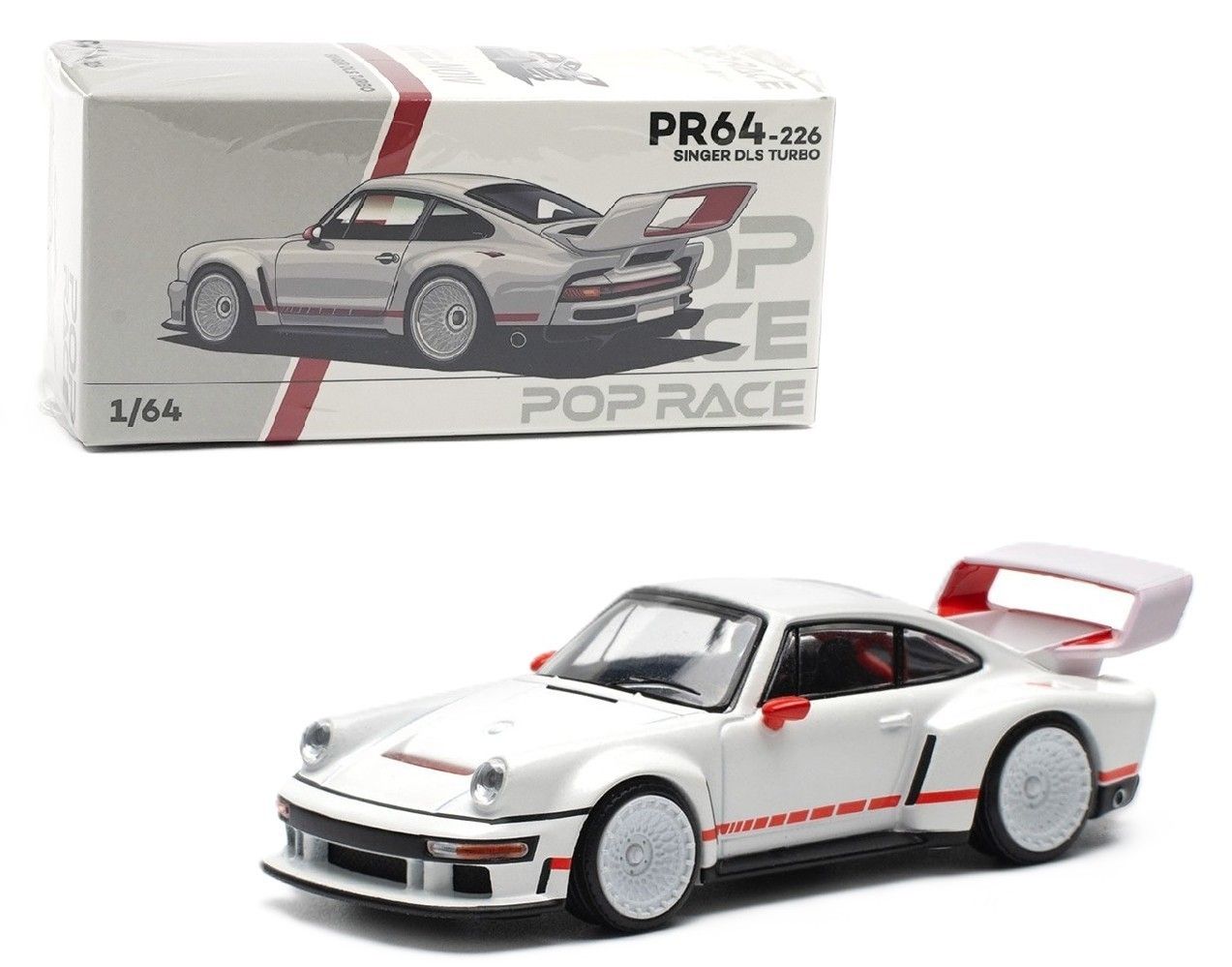 POP RACE Porsche 911 Singer DLS Turbo White with Red Stripes (PR64-226)