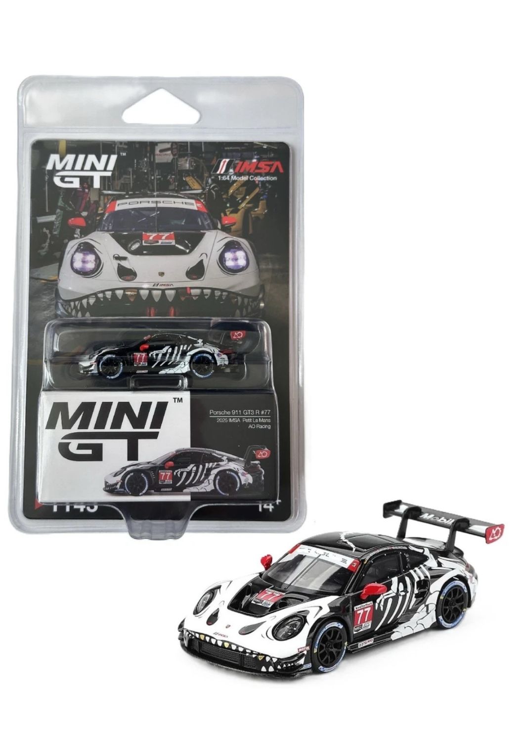 [PREORDER] #1143 MINI GT Porsche 911 GT3 #77 AO Racing 2025 IMSA Petit Le Mans Skeleton Rexy | Regular Blister