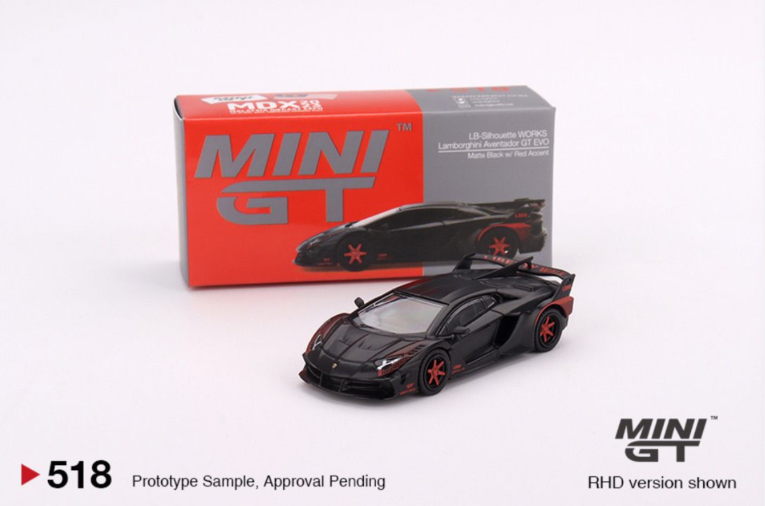 [UNSEALED] #518 MINI GT LB-Silhouette WORKS Lamborghini Aventador GT EVO Matte Black w/Red Accent | 2023 Malaysia Diecast Expo 2023