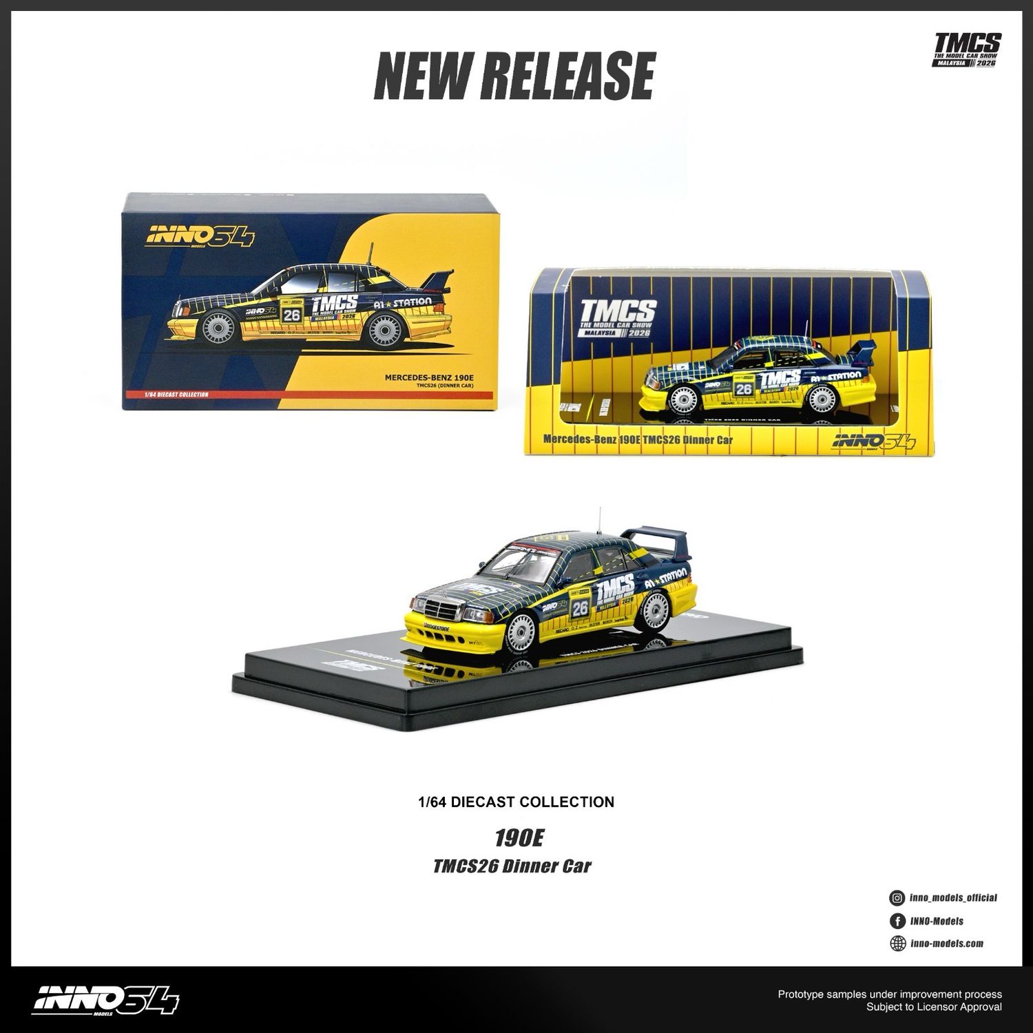 [PREORDER] INNO64 Mercedes-Benz 190E TMCS26 Dinner Car Black-Yellow | 2026 The Model Car Expo