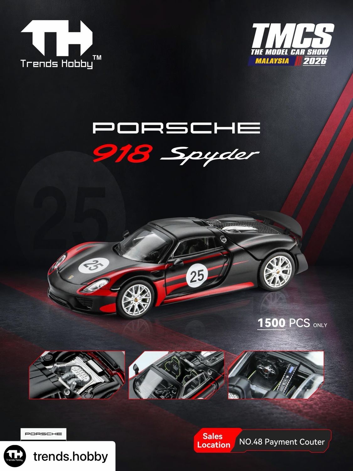 [PREORDER] Trends Hobby Porsche 918 Spyder Black-Red | 2026 The Model Car Show Malaysia
