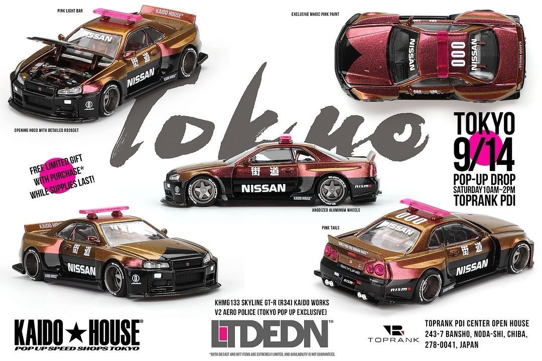 KAIDOHOUSE LTD EDN TOKYO NISSAN SKYLINE GT-R (R34) V2 Aero Police Magic Pink (KHMG133) No Pin | 2024 POP UP SPEED SHOP KAIDOHOUSE LTD EDN TOKYO NISSAN SKYLINE GT-R (R34) V2 Aero Police Magic Pink (KHMG133) No Pin | 2024 POP UP SPEED SHOP