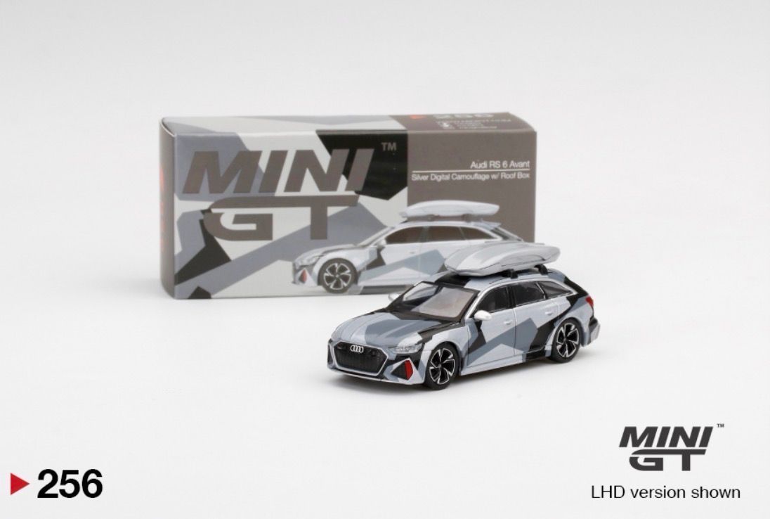 #256 MINI GT Audi RS 6 Avant Silver Digital Camouflage w/ Roof Box
