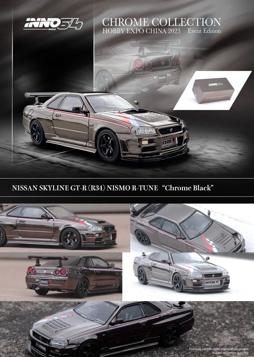 INNO64 Nissan Skyline GT-R R34 Nismo R-Tune Chrome Collection Black Chrome | 2023 Hobby Expo China (HEC)