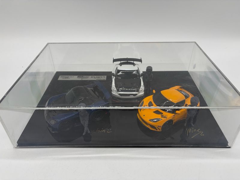 Heng’s Garage x MINE DIECAST Nissan GTR-R35/Mazda RX-7/Lotus Evora Set of 3 Cars with Figurine in Acrylic Box Set | 2025 Thailand Diecast Expo