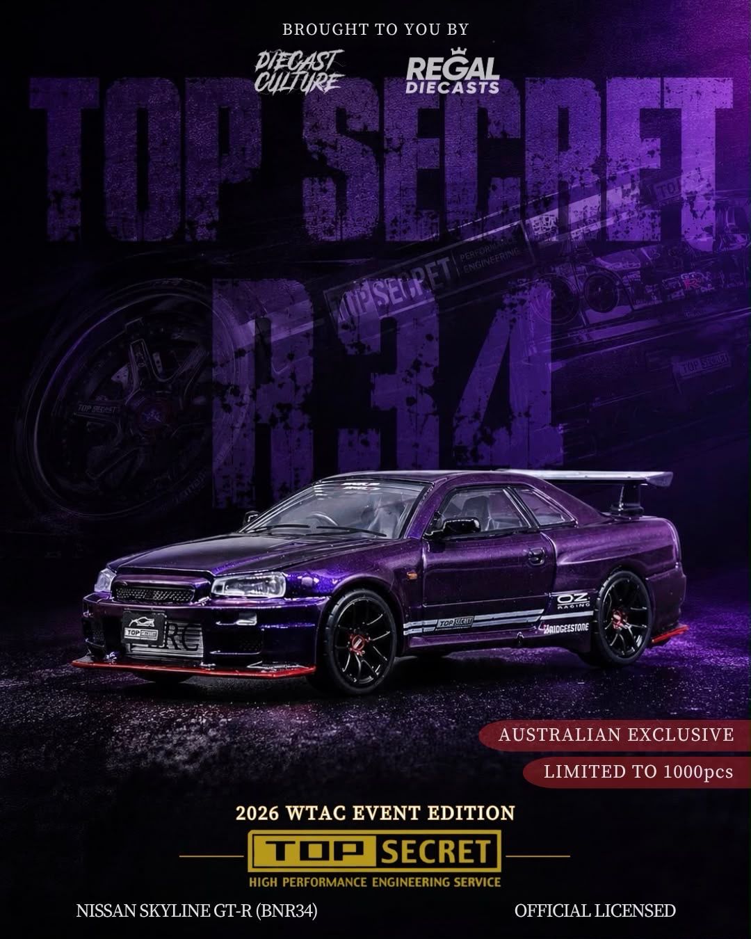 [PREORDER] K3 Model x Diecast Culture x Regal Diecast Nissan Skyline GT-R (R34) Purple Australia Edition | 2026 WTAC Event Edition
