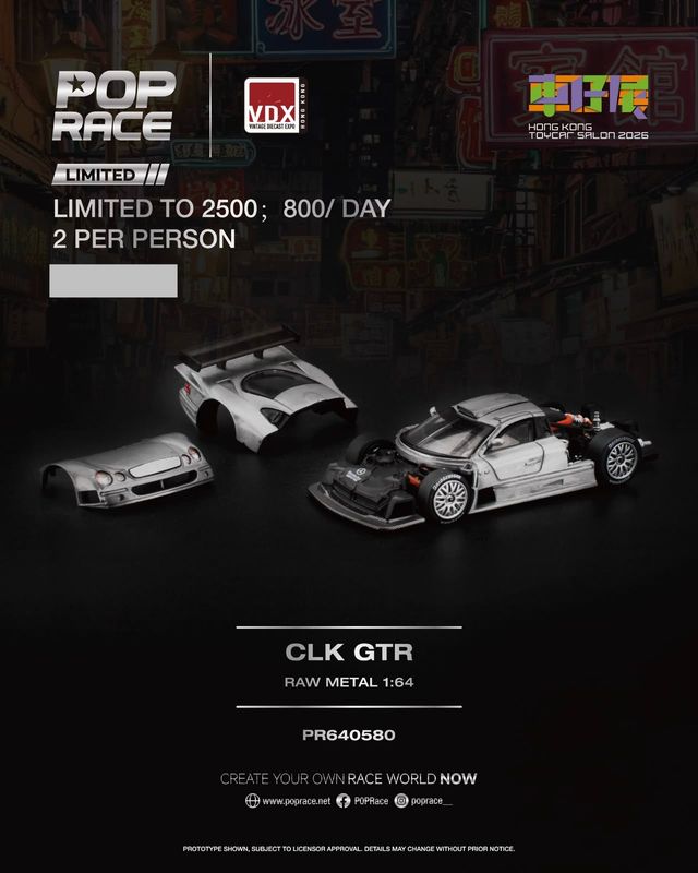 [PREORDER] POP RACE Mercedes CLK-GTR Raw Metal (PR64-580) | 2026 HK Toy Car Salon