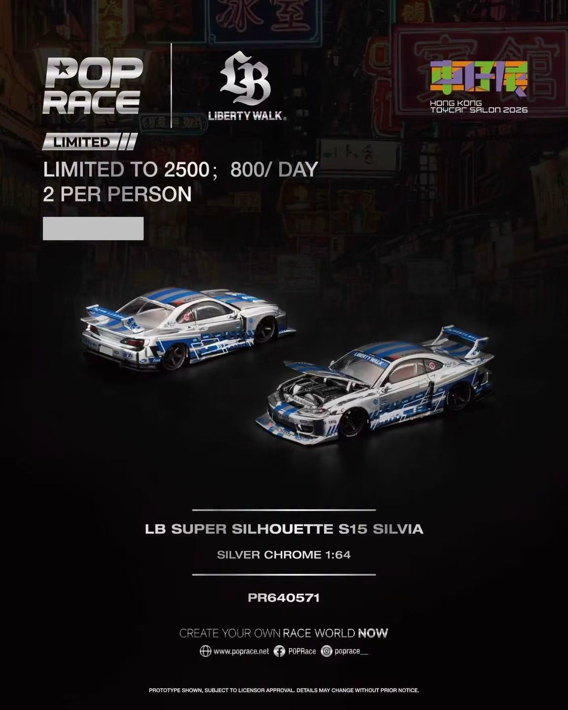 [PREORDER] POP RACE LB Super Silhouette S15 Silvia Silver Chrome (PR64-571) | 2026 HK Toy Car Salon