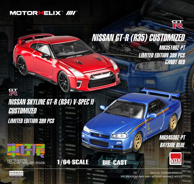 [PREORDER] Motorhelix Nissan GT‑R (R35) Customised Candy Red &amp; Nissan Skyline GT‑R (R34) Customized Bayside Blue Set of 2 | 2026 HK Toy Car Salon