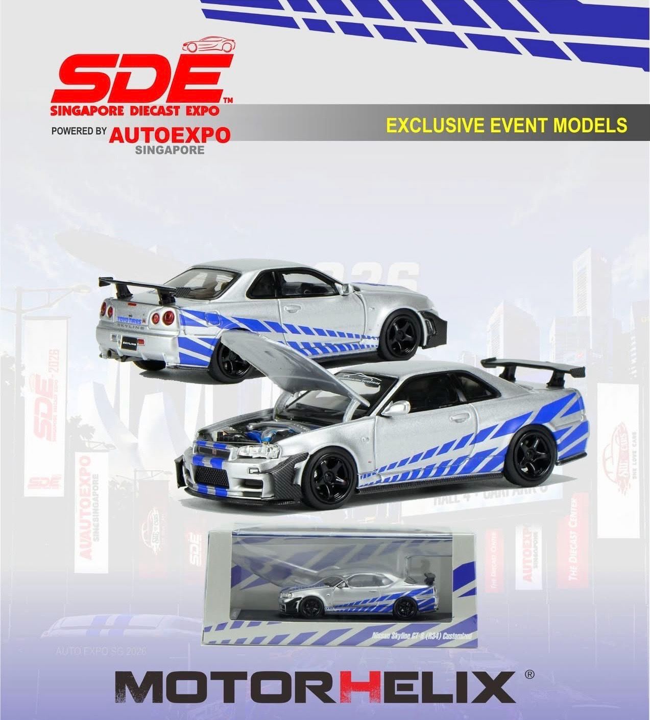 Motorhelix Nissan Skyline GT-R (R34) Customized Silver-Blue Livery | 2026 Singapore Auto Expo