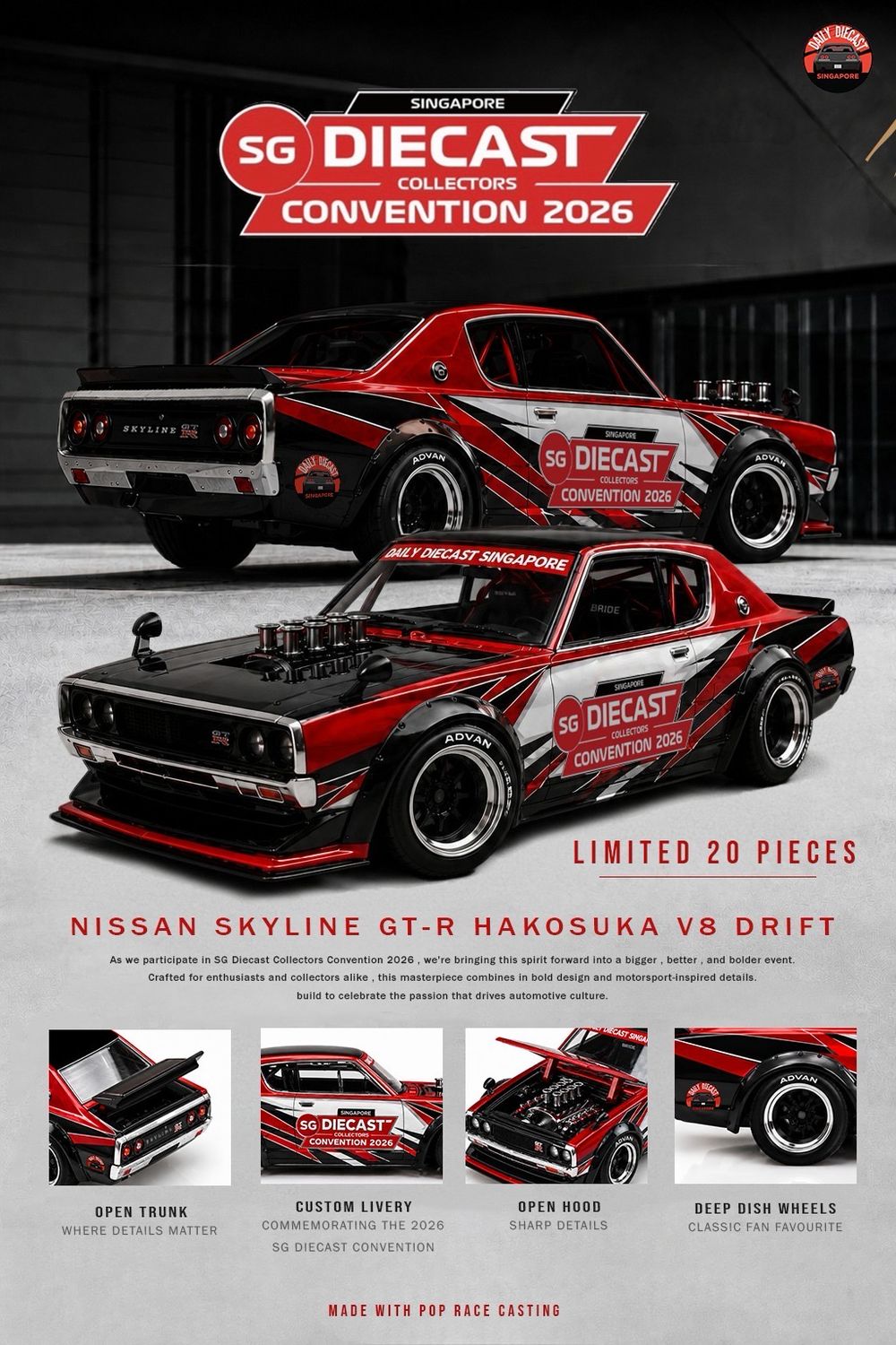 [PREORDER] NISSAN SKYLINE GT-R HAKOSUKA V8 DRIFT POP RACE CUSTOM SDCC | 2026 Singapore Diecast Collectors Convention
