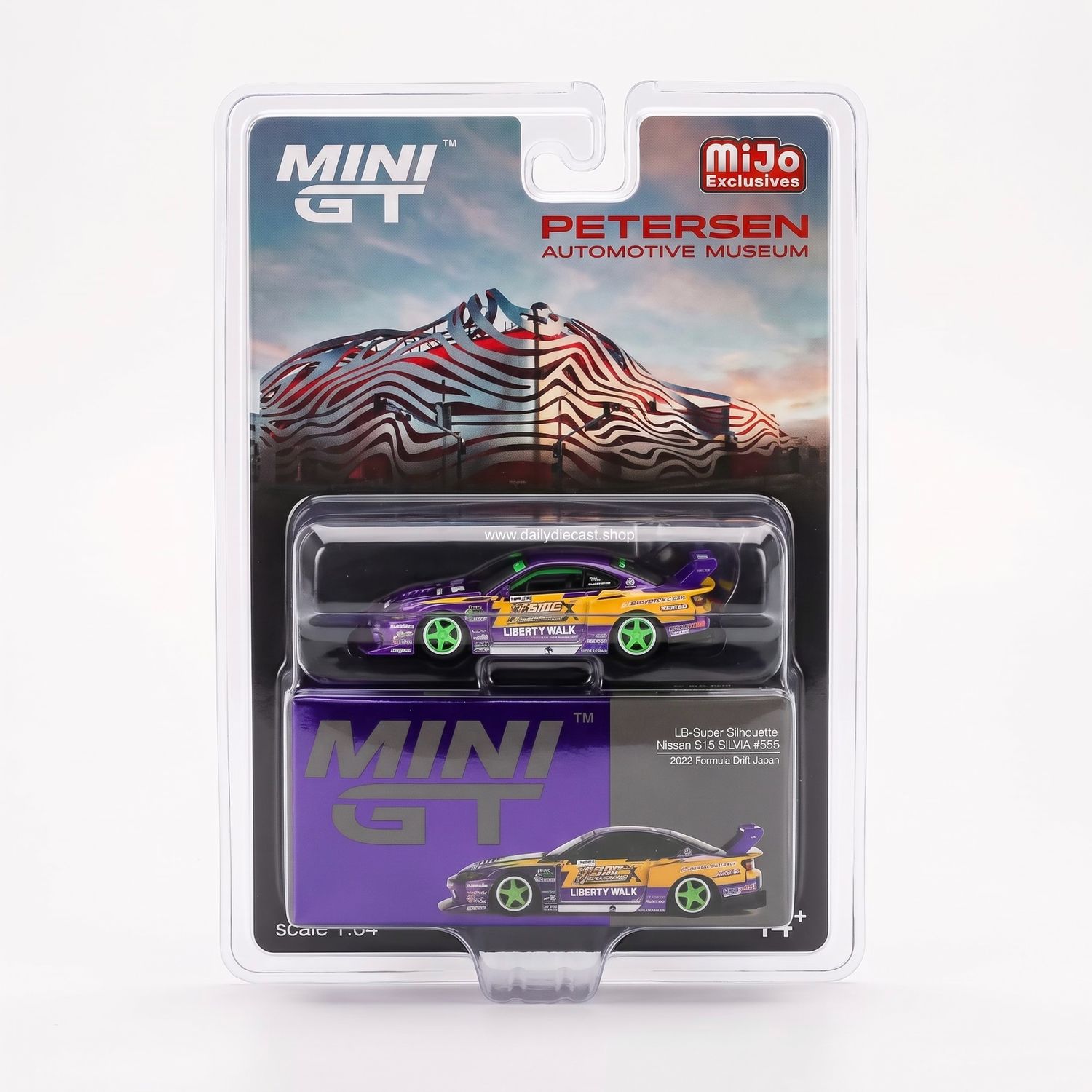 #576 MINI GT LB-Super Silhouette Nissan S15 Silvia #555 Purple Chrome 2022 Formula Drift Japan | Peterson Museum Exclusive