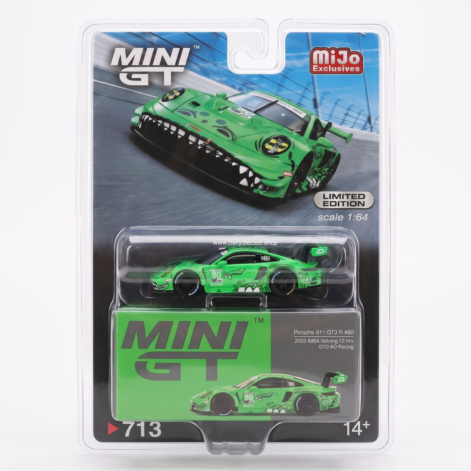 #713 MINI GT Porsche 911 GT3 R #80 2023 IMSA Sebring 12 Hrs GTD AO Racing Blister