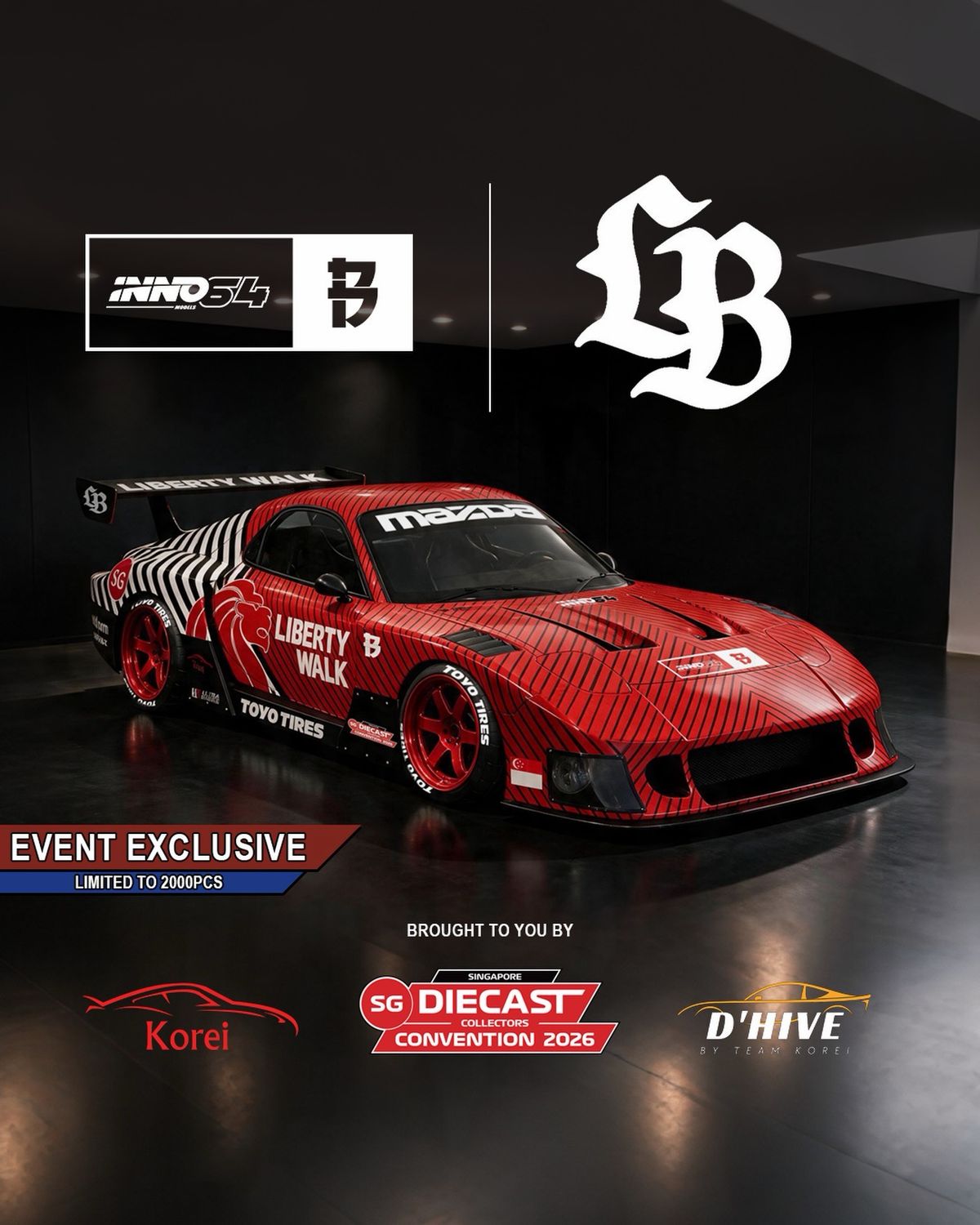 [PREORDER] INNO64 x SDCC 2026 x Black Crow Customs Mazda LB-Super Silhouette RX7 (FD3S) Red | 2026 Singapore Diecast Collectors Convention